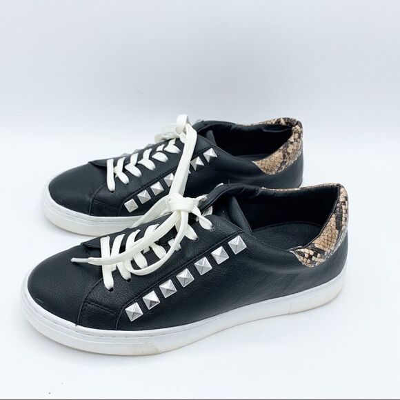 Steve Madden Sienna Black Lace Up Sneakers with Snakeskin and Stud Detailing - Picture 3 of 14